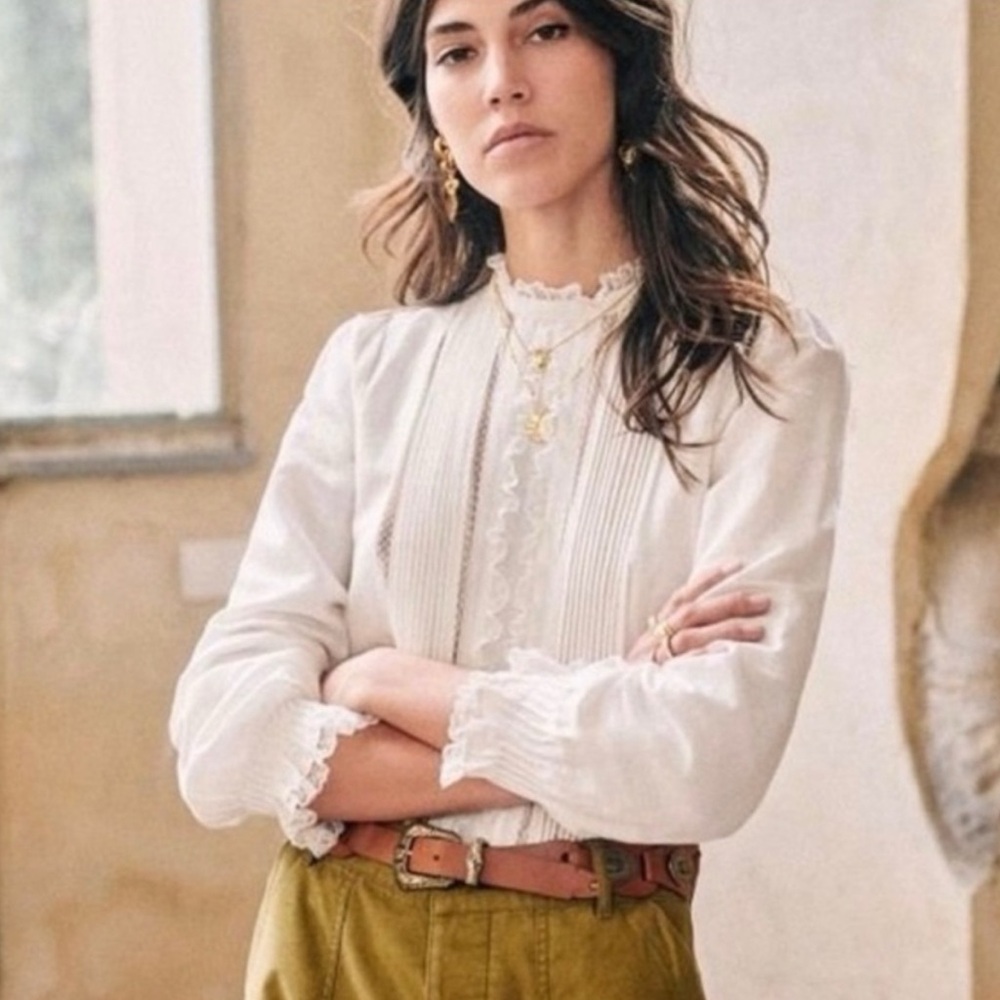 Sezane White Lace-Trim Victorian Blouse
